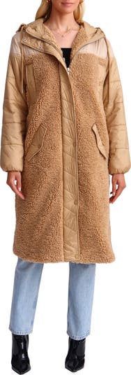 Avec Les Filles Hooded Puffer Coat with Faux Shearling Lining in Caramel/Cream Combo , Size Small