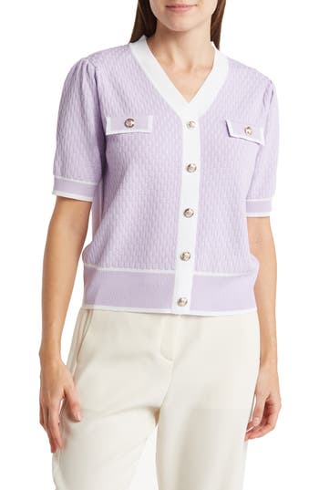 Nanette Lepore Pointelle Colorblock Short Sleeve Sweater In Lilac/white