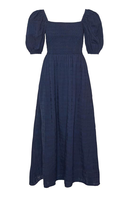 Shop Barbour Macy Shirred Check Puff Sleeve Cotton Midi Dress In Navy