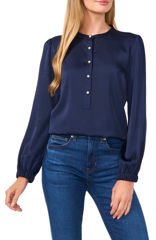 Shop Cece Pearly Button Satin Top In Classic Navy Blue