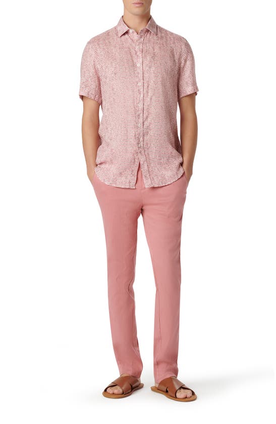 Shop Bugatchi Orson Houndstooth Short Sleeve Linen Button-up Shirt In Dusty Pink