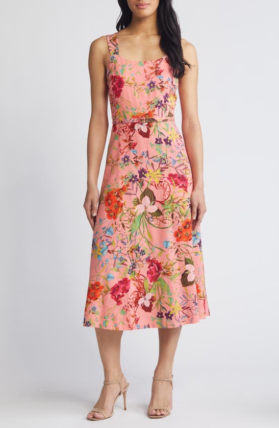 Shop Anne Klein Floral Linen Blend A-line Dress In Sunskist Coral Multi