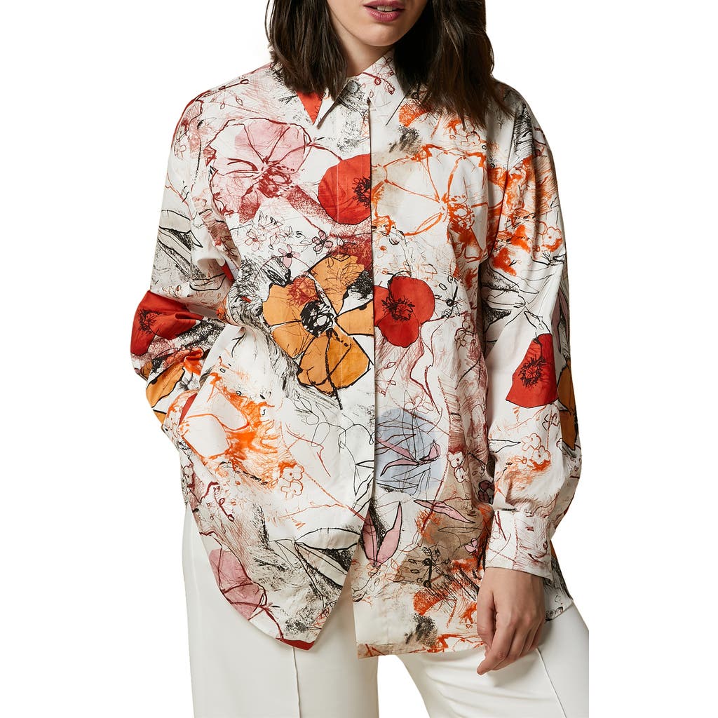 Marina Rinaldi Saggio Floral Button-up Shirt In Off White/poppy