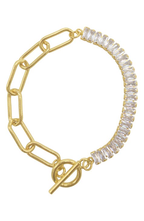 14K Gold Plate Baguette Crystal & Paperclip Chain Bracelet