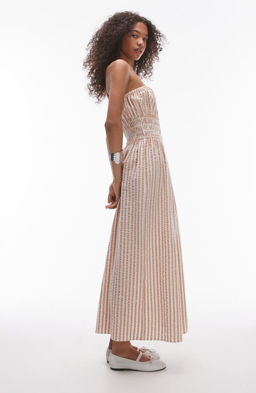 Shop Topshop Stripe Strapless Cotton Seersucker Cover-up Maxi Dress In Brown