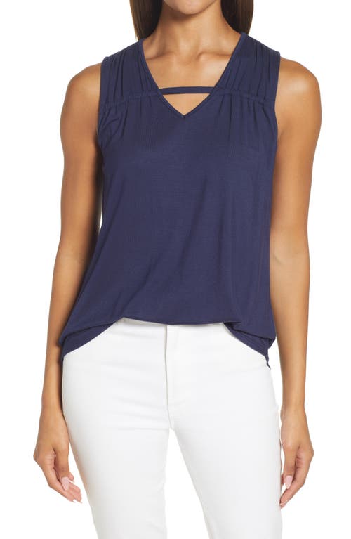 Loveappella Solid Gathered Shoulder Cutout Tank in Midnight