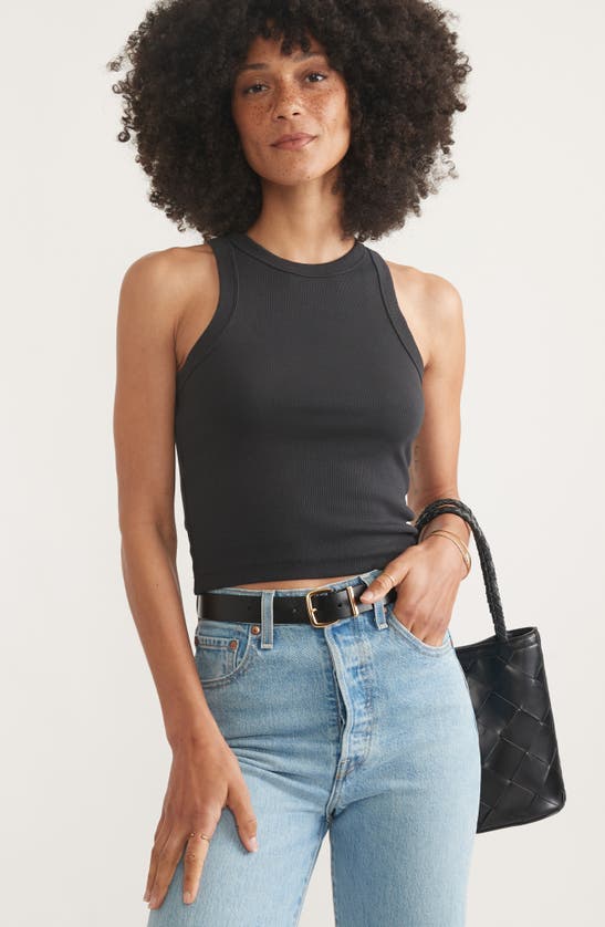 Shop Marine Layer Lexi Sun-in High Neck Crop Rib Tank In Faded Black