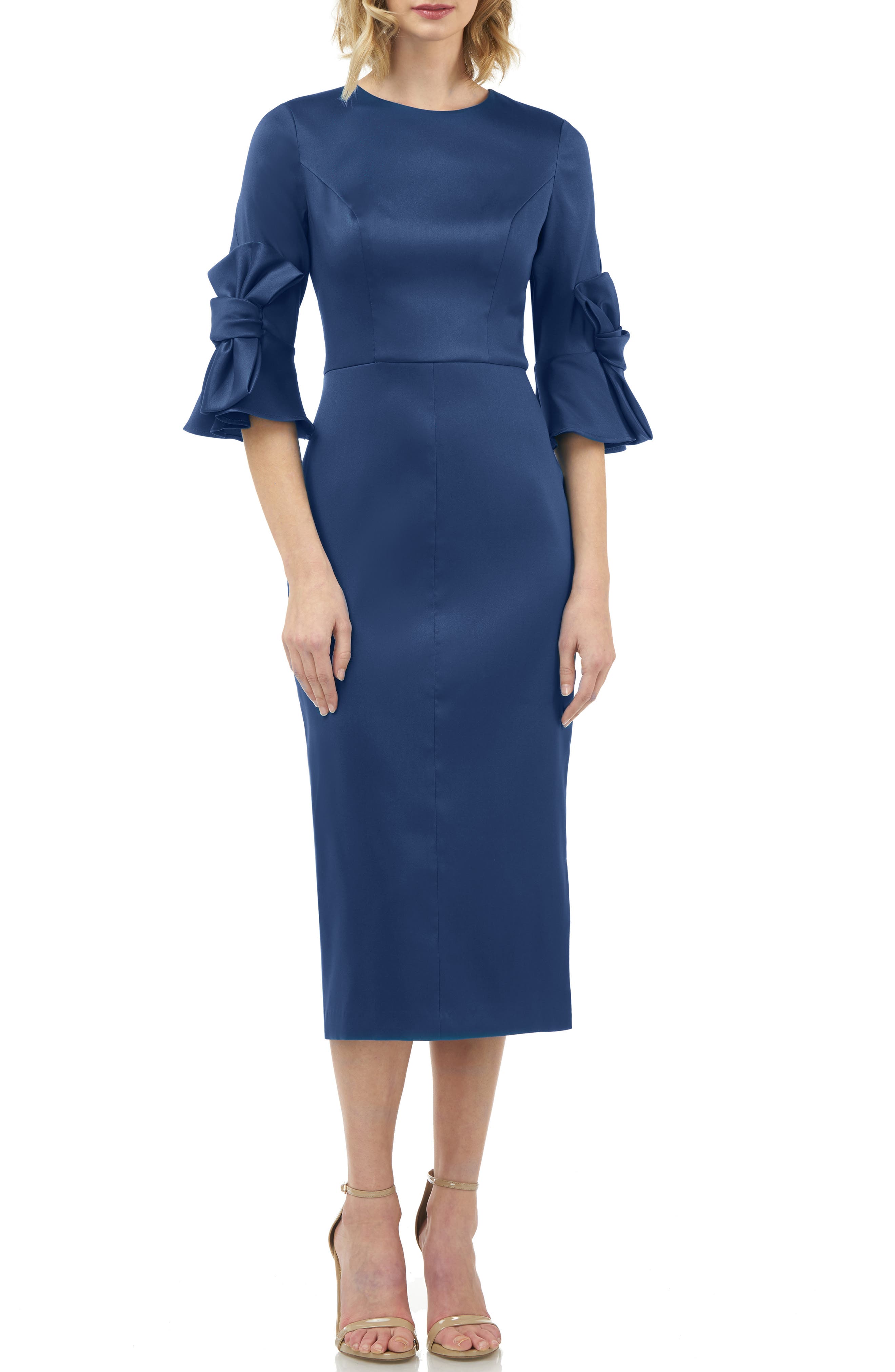 Kay Unger Bow Sleeve Stretch Mikado Dress, Blue