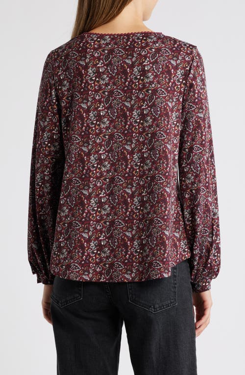 Shop Bobeau Floral Print Rickrack Trim Top In Oxblood/gray