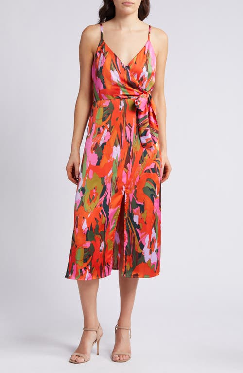 Side Tie Satin Dress in Red Multi Canvased Blooms
