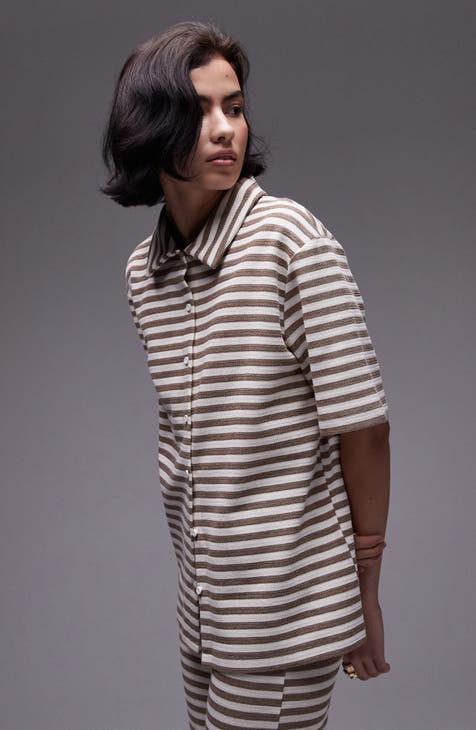 Stripe Oversize Short Sleeve Button-Up Shirt
