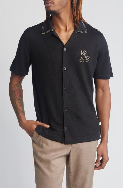 Henry Embroidered Short Sleeve Linen Knit Camp Shirt in Black