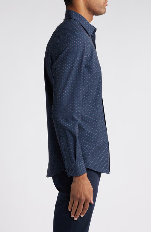 Shop Nordstrom Trim Fit Geometric Print Stretch Button-up Shirt In Navy Blue - Teal Square Geo