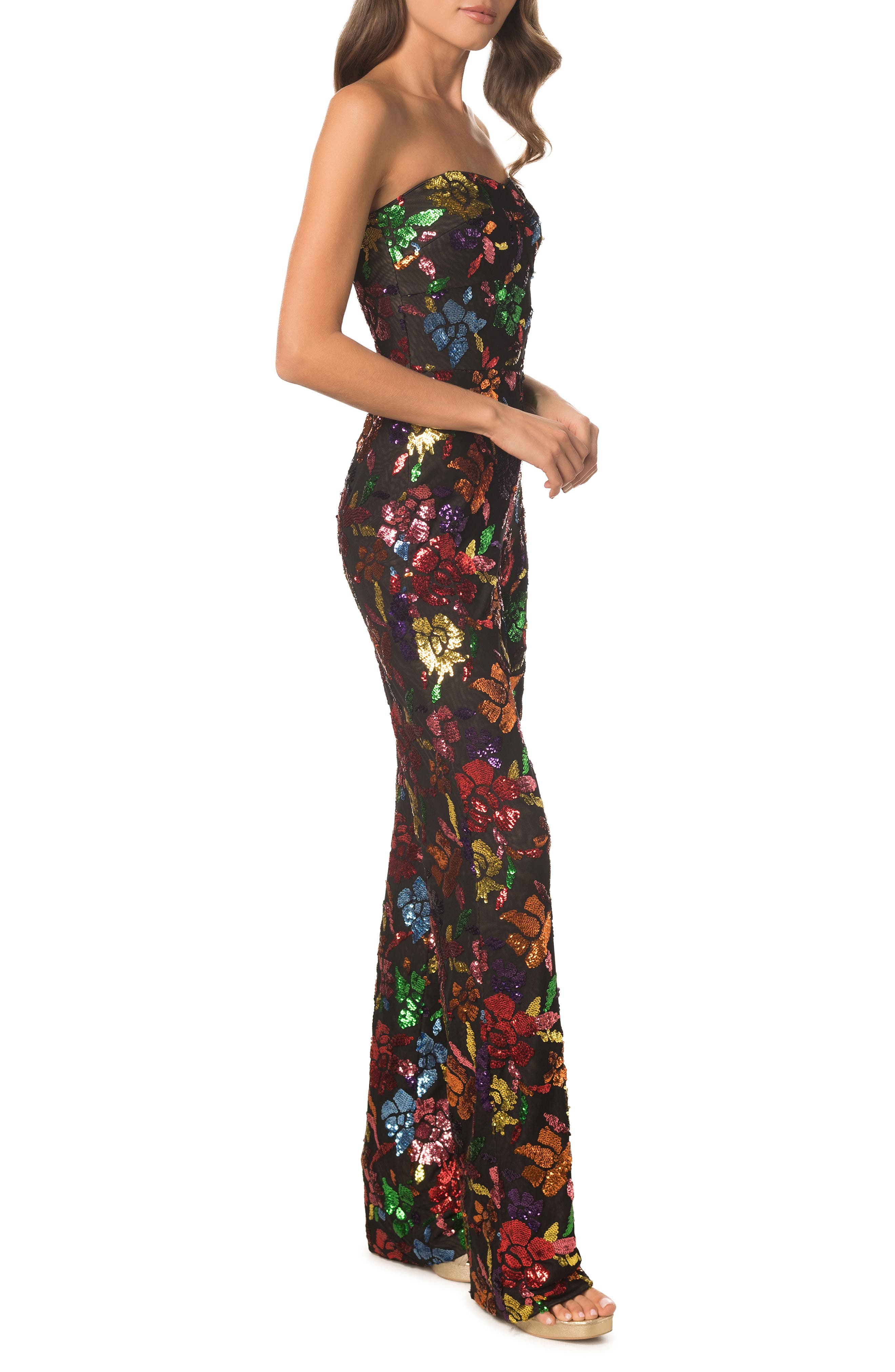 Dress the Population Preston Floral Sequin Strapless Jumpsuit in Black  Multi | Smart Closet