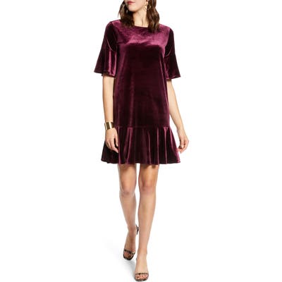 Halogen Ruffle Trim Velvet Dress, Burgundy