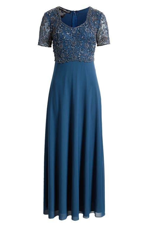 Shop Pisarro Nights Beaded Bodice A-line Gown In New Petrol Blue