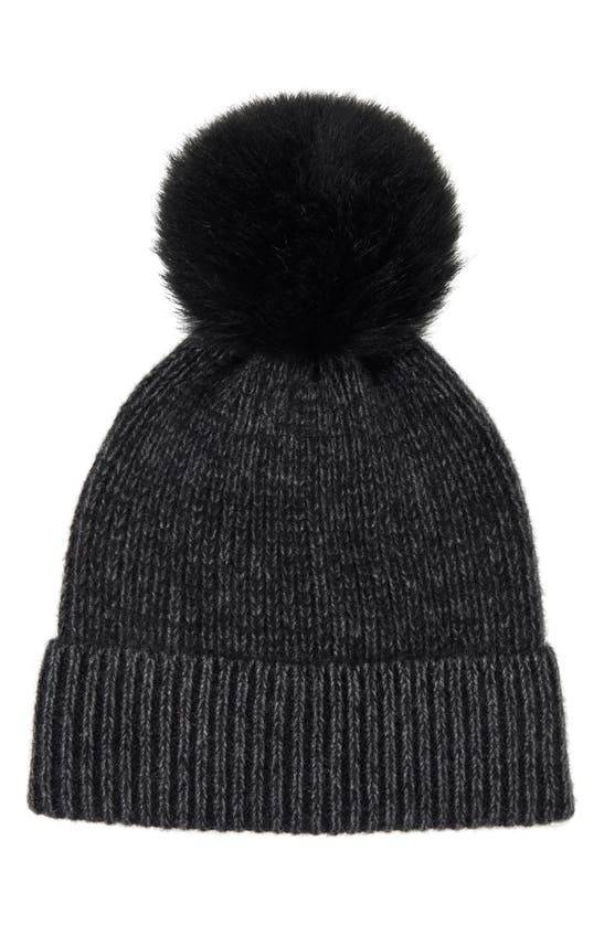 STEWART OF SCOTLAND TWO-TONE RIB KNIT BEANIE WITH GENUINE SHEARLING POM
