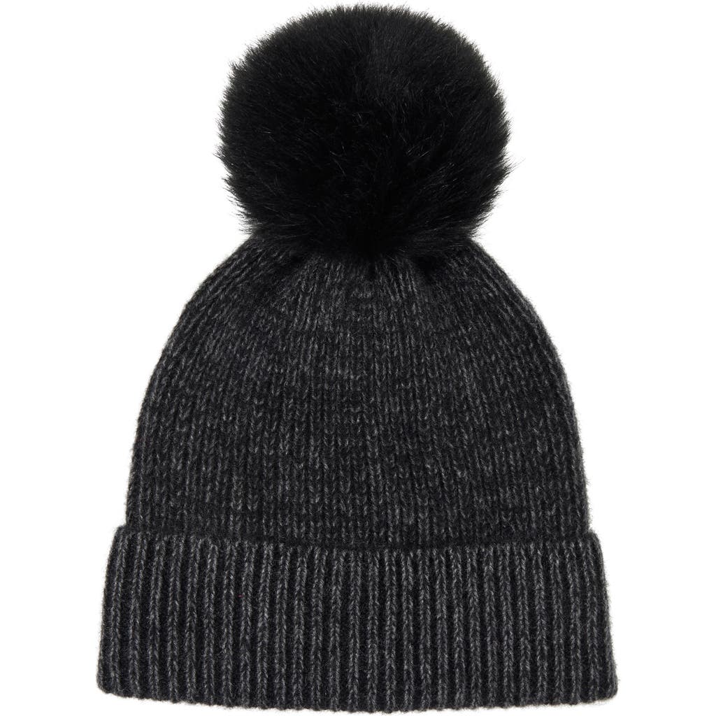 Amicale Two-tone Rib Knit Beanie With Genuine Shearling Pom In Black