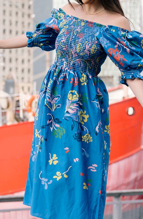 JESSIE ZHAO NEW YORK JESSIE ZHAO NEW YORK NIGHT FLOWER SMOCKED COTTON SILK MIDI DRESS