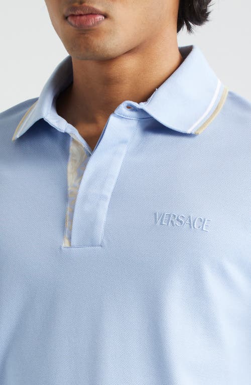 Shop Versace Contrast Trim Cotton Piqué Knit Polo In Blue Hydrangea