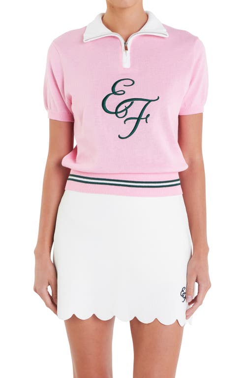 English Factory Sports Club Monogram Embroidered Linen & Cotton Quarter Zip Polo Sweater In Pink
