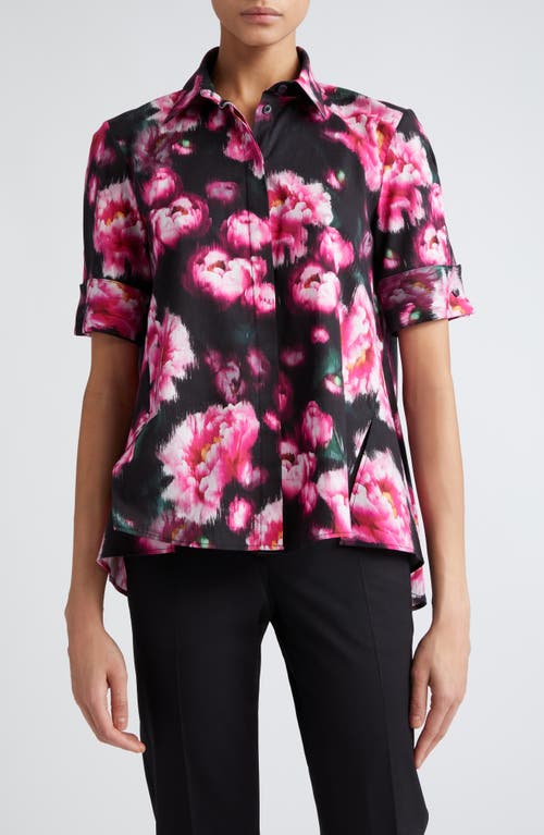 Floral Print Stretch Poplin Trapeze Shirt in Black Floral