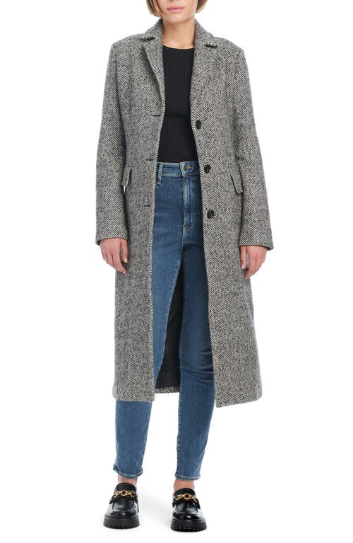 Sanctuary Long Herringbone Coat In Grey White Herringbone