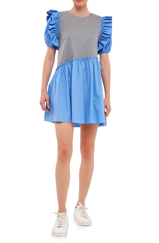 English Factory Mixed Media Ruffle Minidress In Grey/ Blue