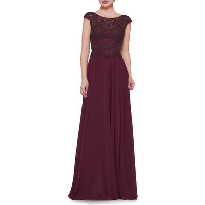 Marsoni Scalloped Lace & Chiffon A-Line Gown, Burgundy
