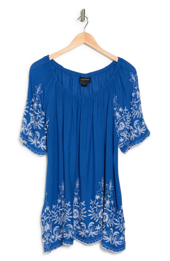 Forgotten Grace Embroidered Trim Peasant Tunic Top In Cobalt