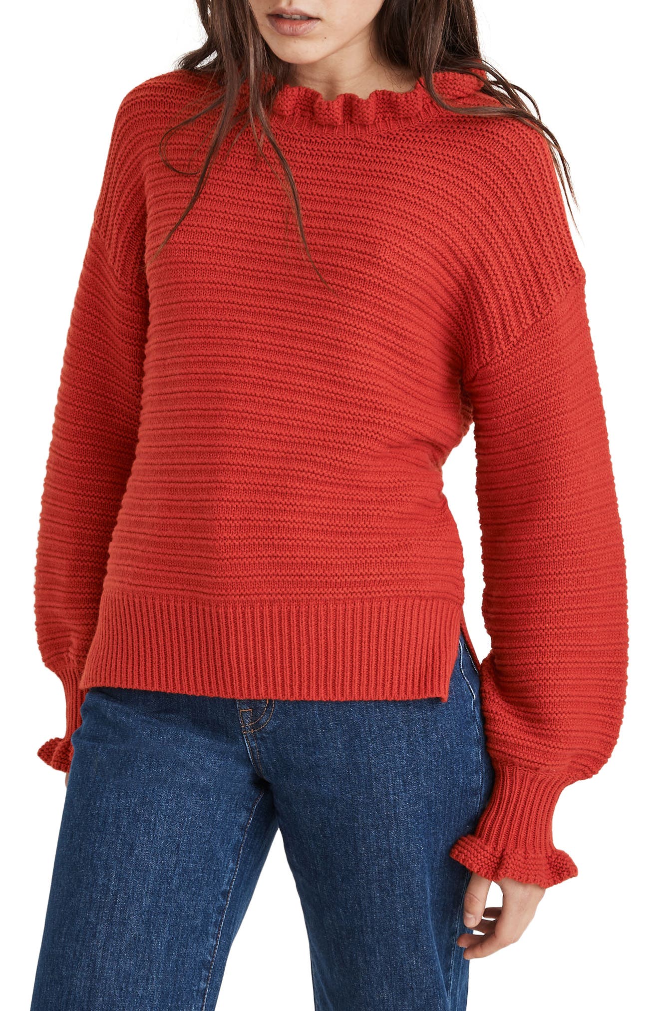 Madewell Ruffle Neck Sweater In Kilt Red