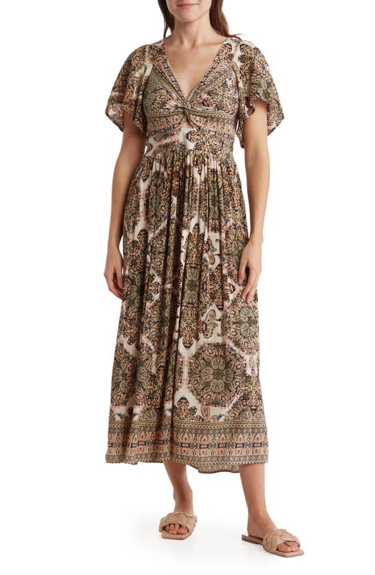 Angie Wide Sleeve Maxi Dress In Ivory/ Brown