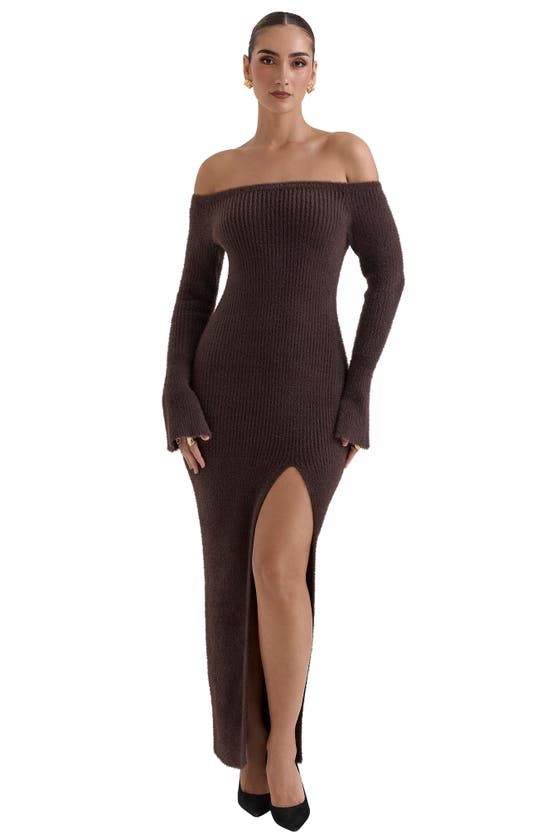 Shop House Of Cb Lucena Metallic Long Sleeve Off The Shoulder Maxi Sweater Dress In Grey Lurex