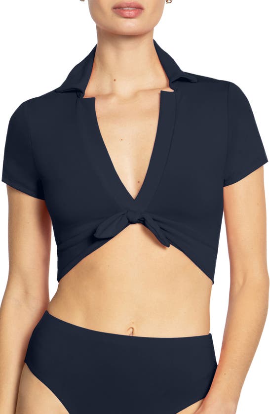 Shop Robin Piccone Ava Shirt Bikini Top In Navy