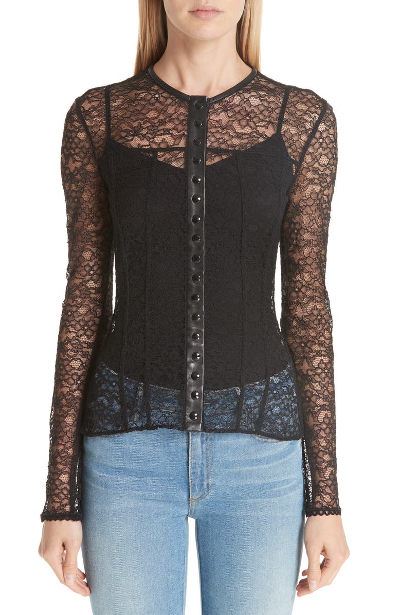Alexander Wang Leather Trim Lace Blouse | Nordstrom
