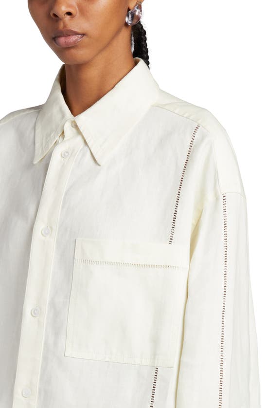 Shop Bottega Veneta Oversize Embroidered English Linen Button-up Shirt In Pastry