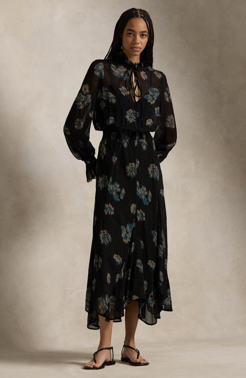 Shop Polo Ralph Lauren Floral Long Sleeve Tie Neck Midi Dress In Midnight Gardenia