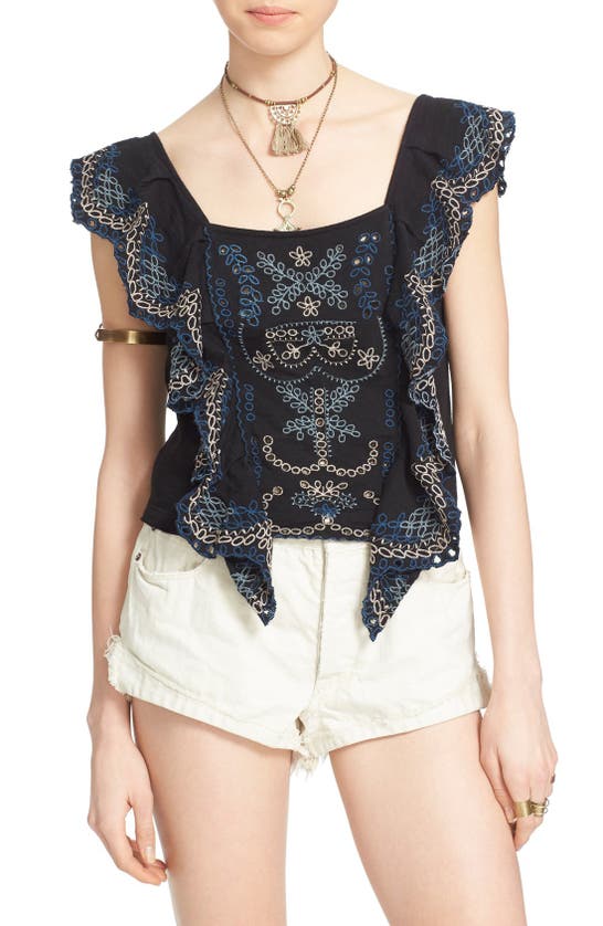 Free People 'shake Baby Shake' Embroidered Ruffle Top In Black