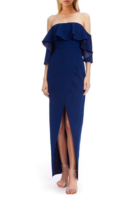 Jewel Badgley Mischka Ruffle Off The Shoulder Gown In Navy