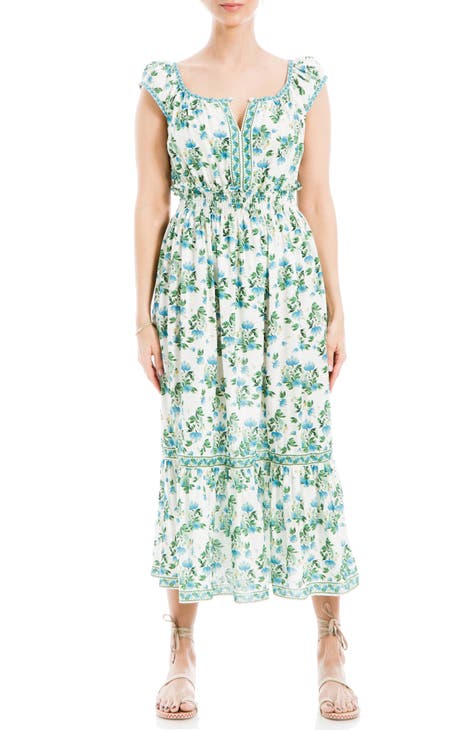 Floral Tiered Cotton Blend Midi Dress