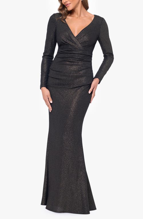 Xscape Evenings Long Sleeve Metallic Ruched Gown In Black/gold