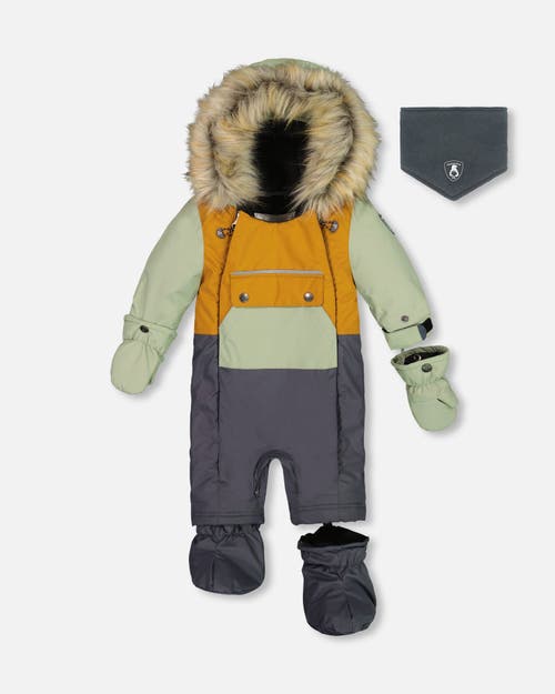 Shop Deux Par Deux Baby Boy's One Piece Baby Snowsuit Sage, Brown And Dark Grey In Ebony