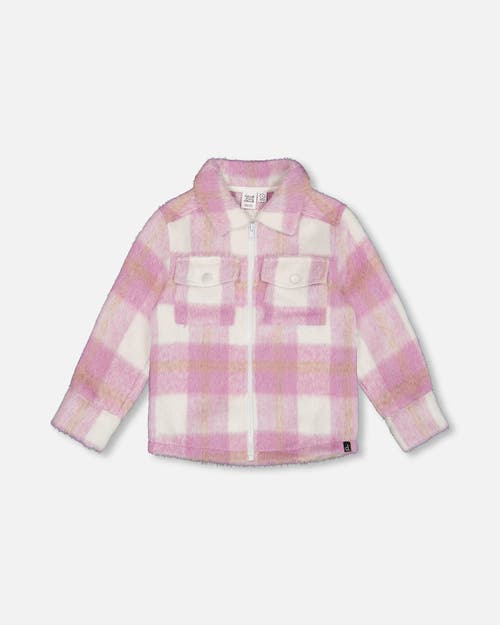 Shop Deux Par Deux Girl's Overshirt Wool-effect With Pockets Plaid Lilac And Off White In Plaid Lilac & Off White