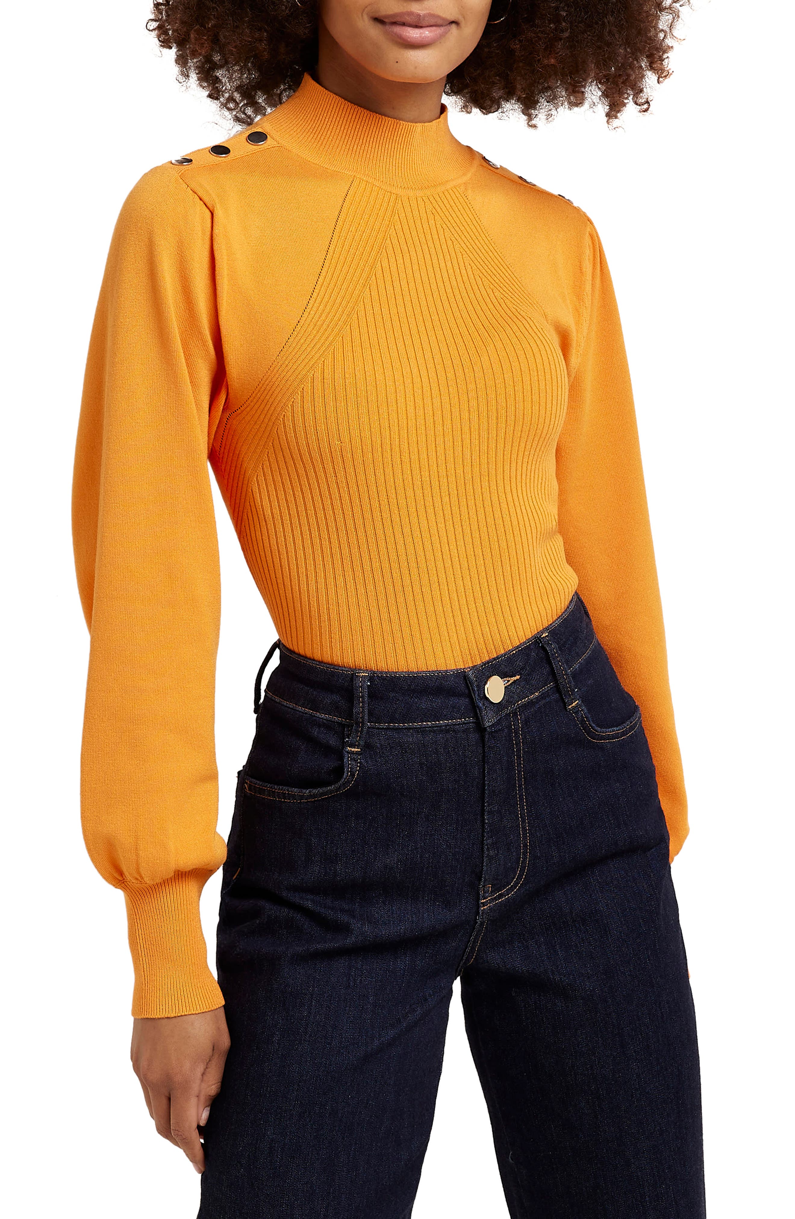 River Island Women's Button Detail Puff Long Sleeve Top in Orange