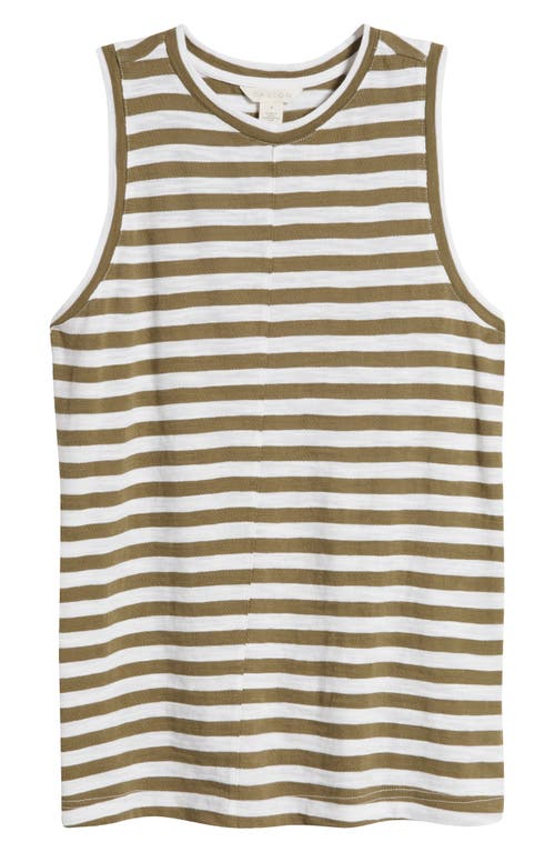 caslon(r) Sleeveless Cotton Blend Crewneck T-Shirt in Olive Burnt-White Charm Stripe