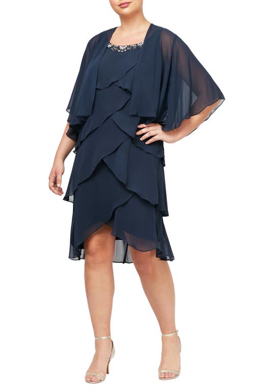 Shop Sl Fashions Chiffon Tier Dress & Jacket In Navy