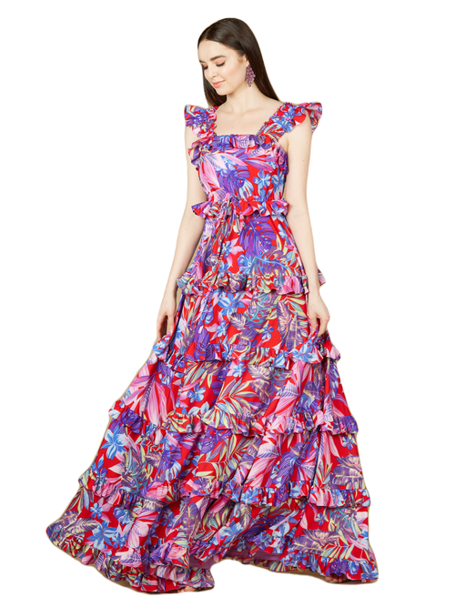 Lara New York Printed Gown With Ruffle Skirt In Red
