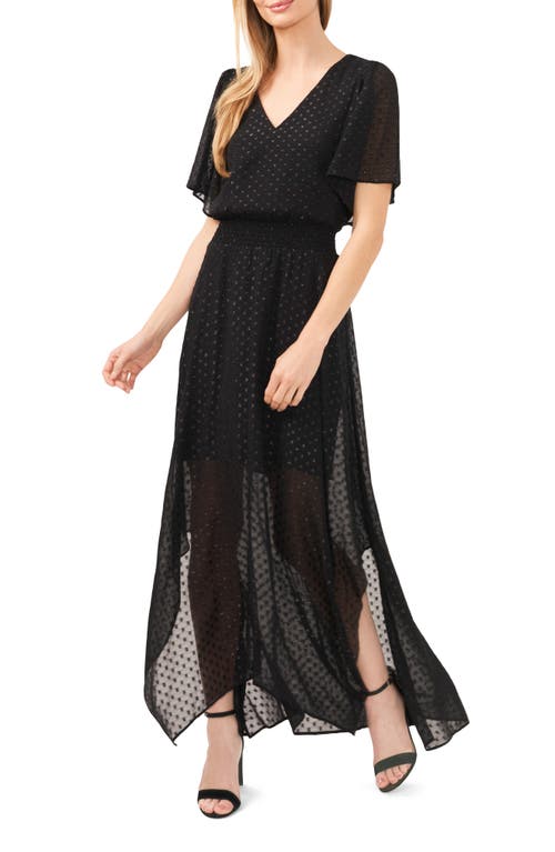 CeCe Metallic Clip Dot Chiffon Maxi Dress Rich Black at Nordstrom,