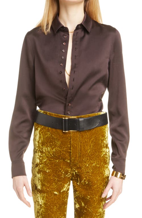 Slim Fit Silk Button-Up Blouse in Chocolat