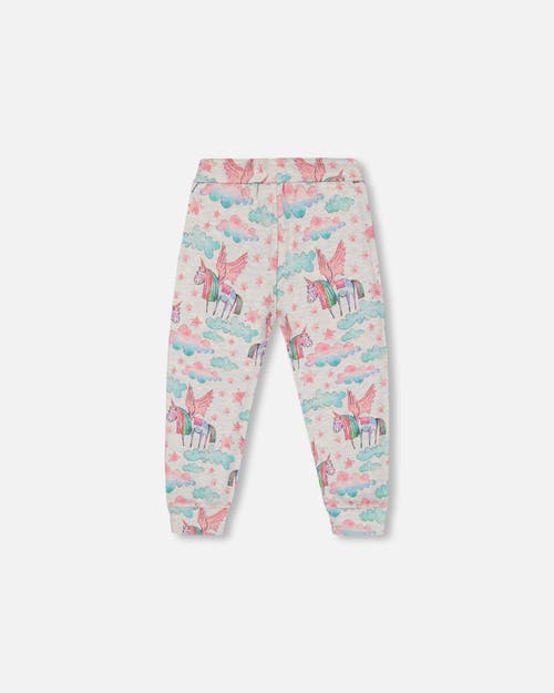 Deux Par Deux Girl's Shiny French Terry Sweatpants Gray Mix Printed Unicorn In Printed Angel Unicorns